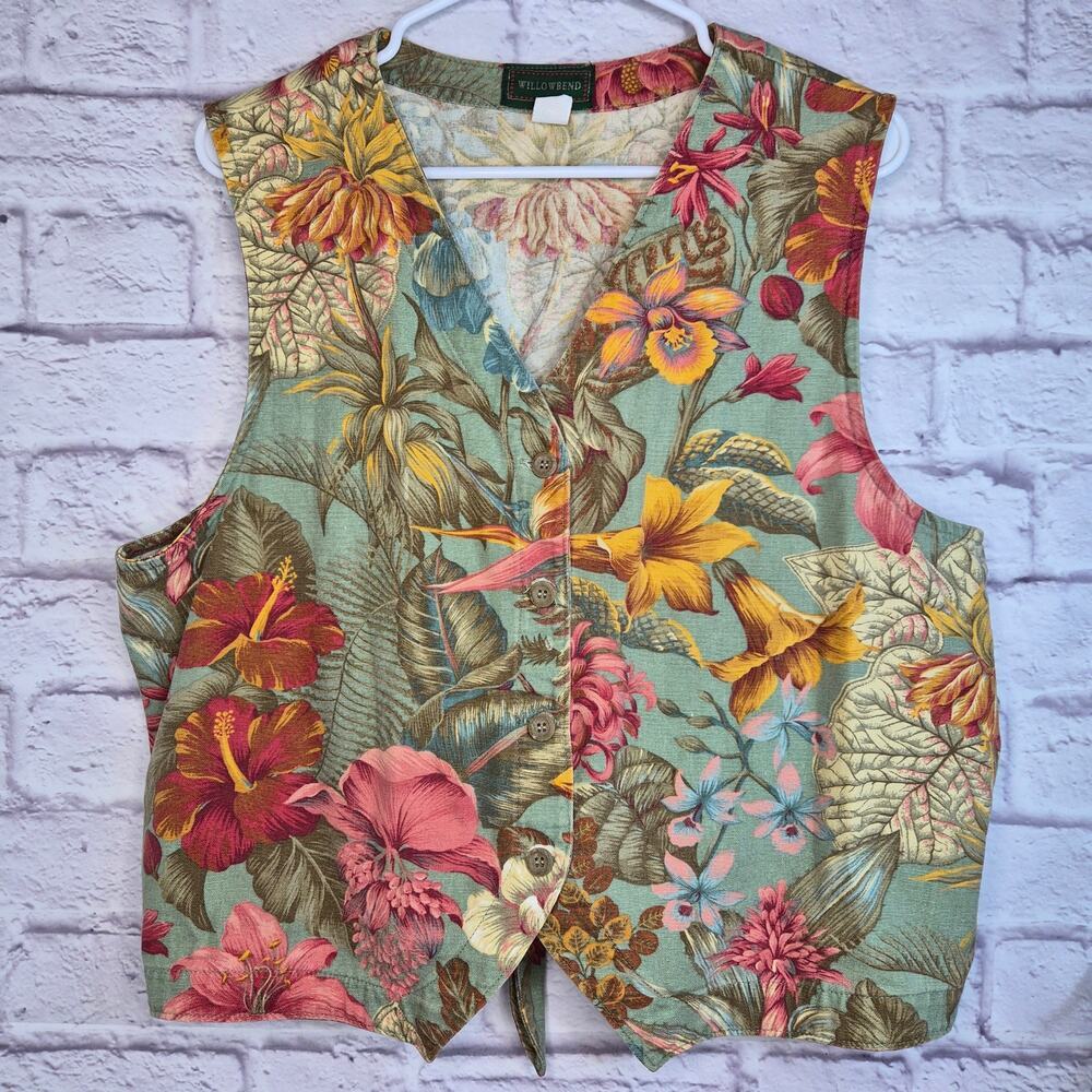 Vtg 90s Willowbend Tapestry Floral Vest Womens 1X USA Made Cottagecore Tie Back